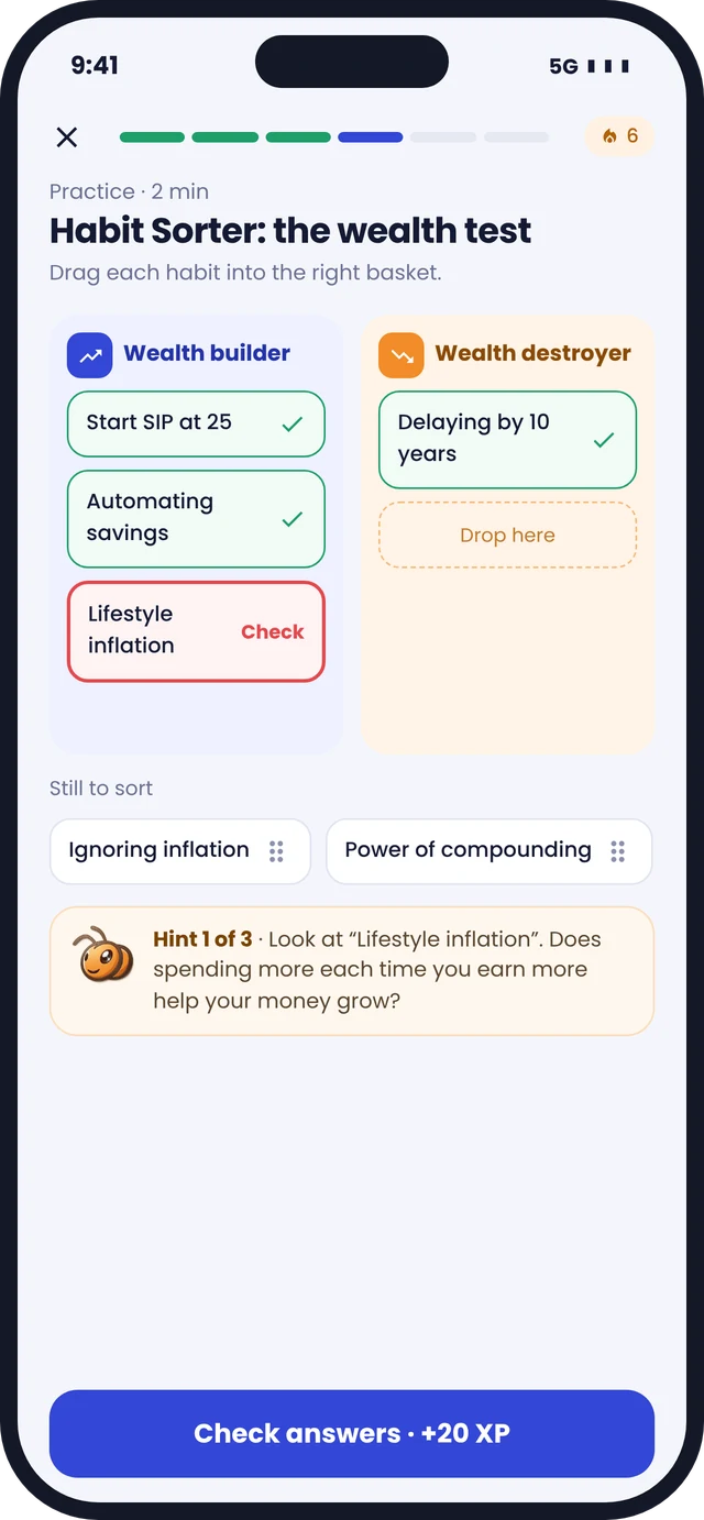 A sorting exercise in the WannaSkill app with a hint from Bee